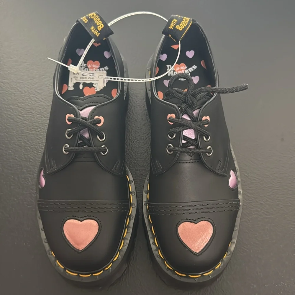 Dr. Martens Black Platform Oxfords with Pink Heart Accents - Picture 4 of 16